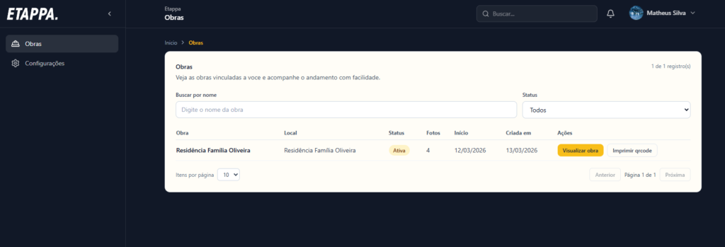 Tela do cliente no sistema Etappa